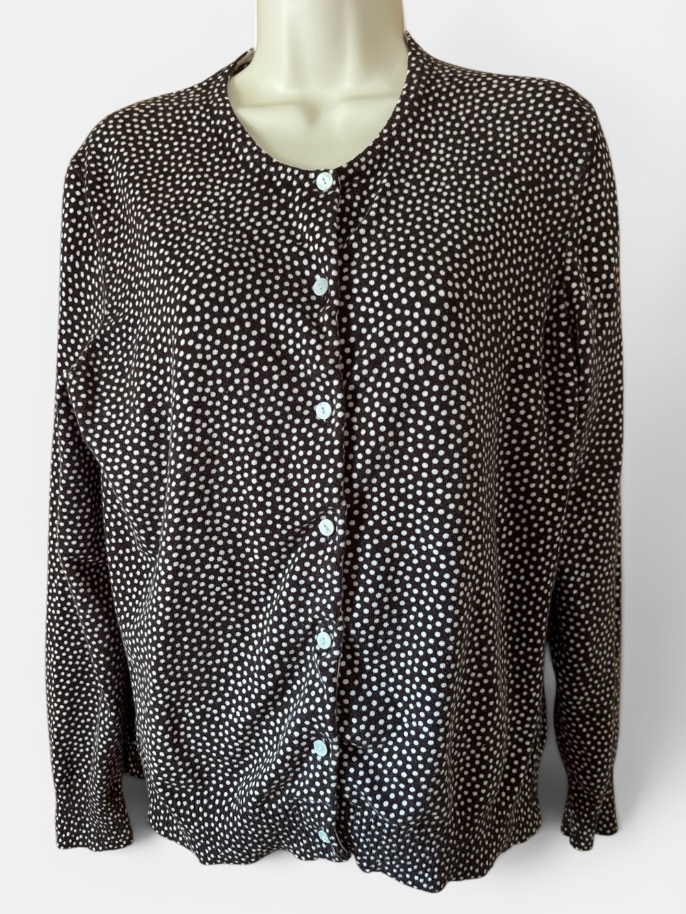 Lands’ End Lightweight Brown White Mini Dot Button Down Knit Cardigan Sweater LP